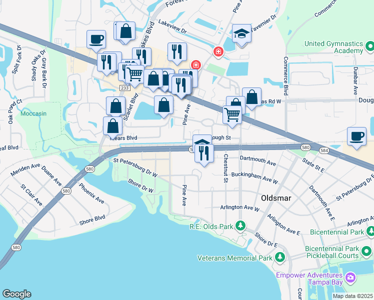 map of restaurants, bars, coffee shops, grocery stores, and more near 580 State Street West in Oldsmar