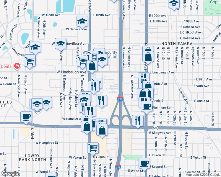 map of restaurants, bars, coffee shops, grocery stores, and more near 9702 North Central Avenue in Tampa