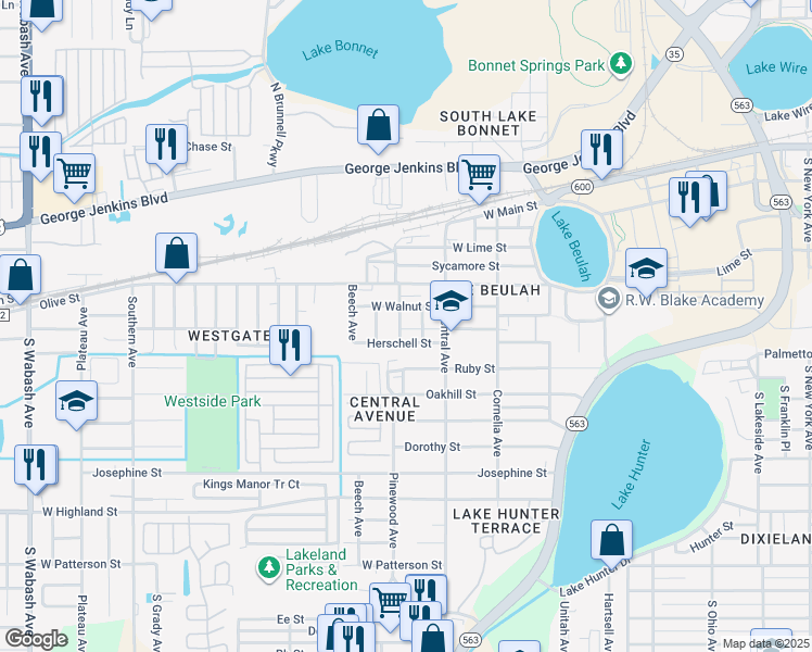 map of restaurants, bars, coffee shops, grocery stores, and more near 514 Pinewood Avenue in Lakeland
