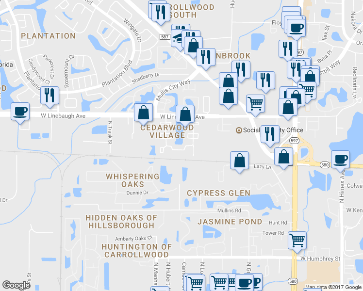 map of restaurants, bars, coffee shops, grocery stores, and more near 4527 Cedarwood Village Drive in Tampa