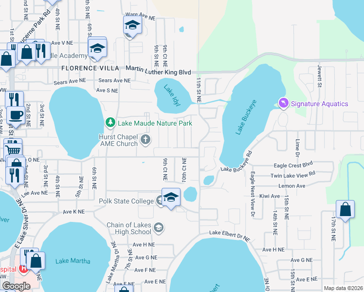 map of restaurants, bars, coffee shops, grocery stores, and more near 987 Avenue O Northeast in Winter Haven