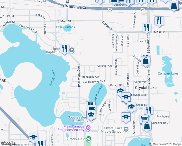 map of restaurants, bars, coffee shops, grocery stores, and more near 533 Norfolk Circle in Lakeland