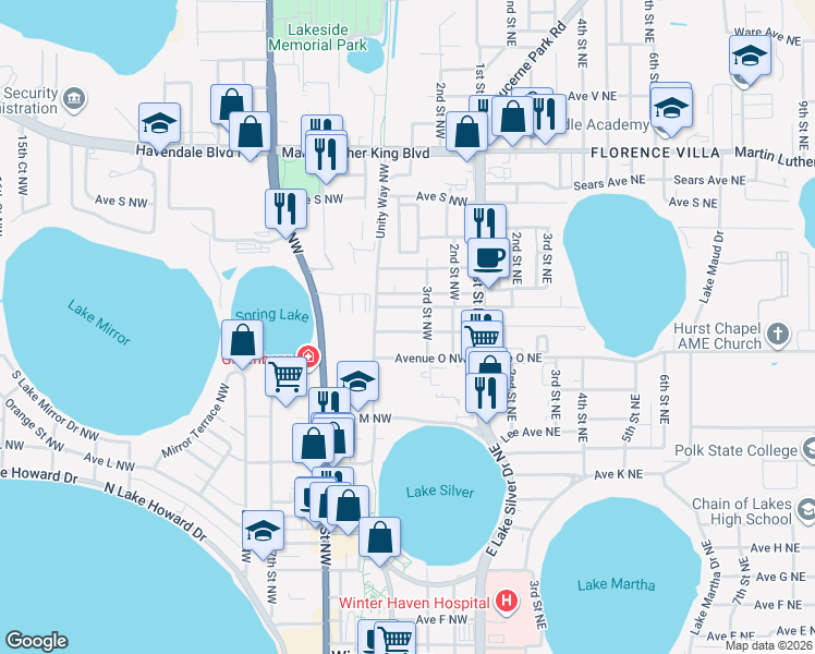 map of restaurants, bars, coffee shops, grocery stores, and more near 1605 3rd Street Northwest in Winter Haven