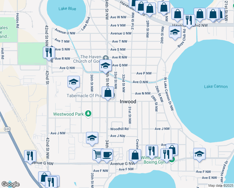 map of restaurants, bars, coffee shops, grocery stores, and more near 1326 33rd Street Northwest in Winter Haven