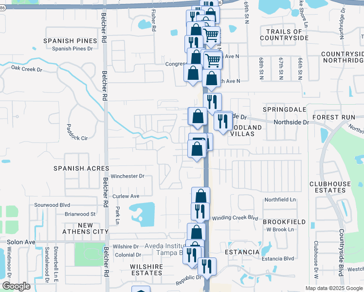 map of restaurants, bars, coffee shops, grocery stores, and more near 321 Via Granada in Clearwater