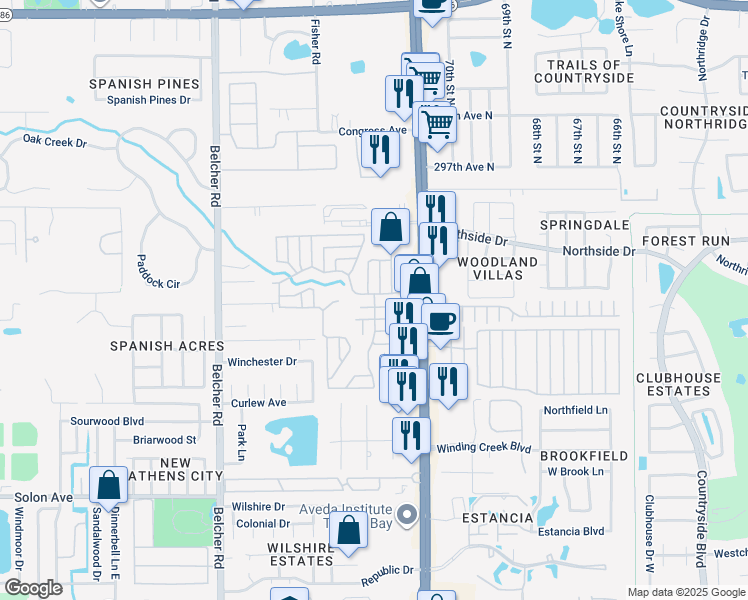 map of restaurants, bars, coffee shops, grocery stores, and more near 321 Via Granada in Clearwater