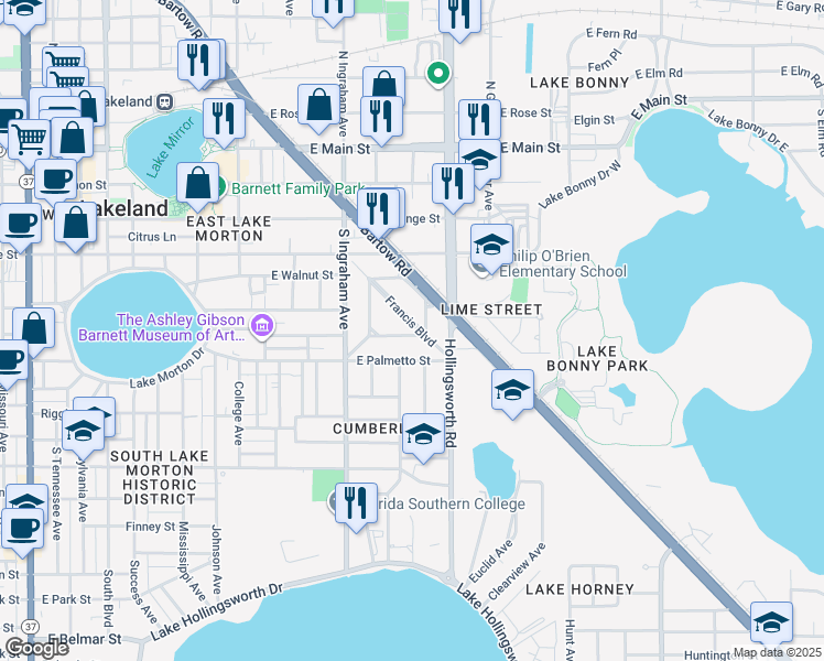 map of restaurants, bars, coffee shops, grocery stores, and more near 1112 Biltmore Place in Lakeland