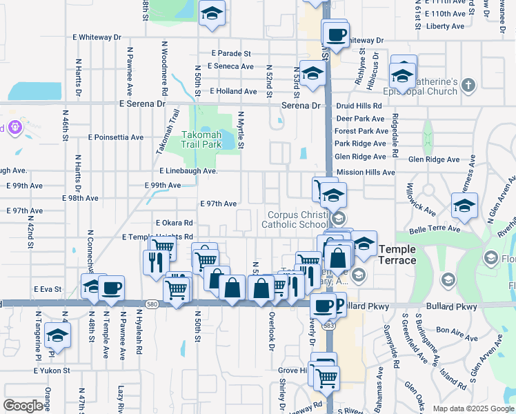 map of restaurants, bars, coffee shops, grocery stores, and more near 5112 Temple Heights Road in Tampa