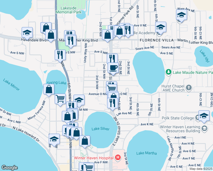 map of restaurants, bars, coffee shops, grocery stores, and more near in Winter Haven
