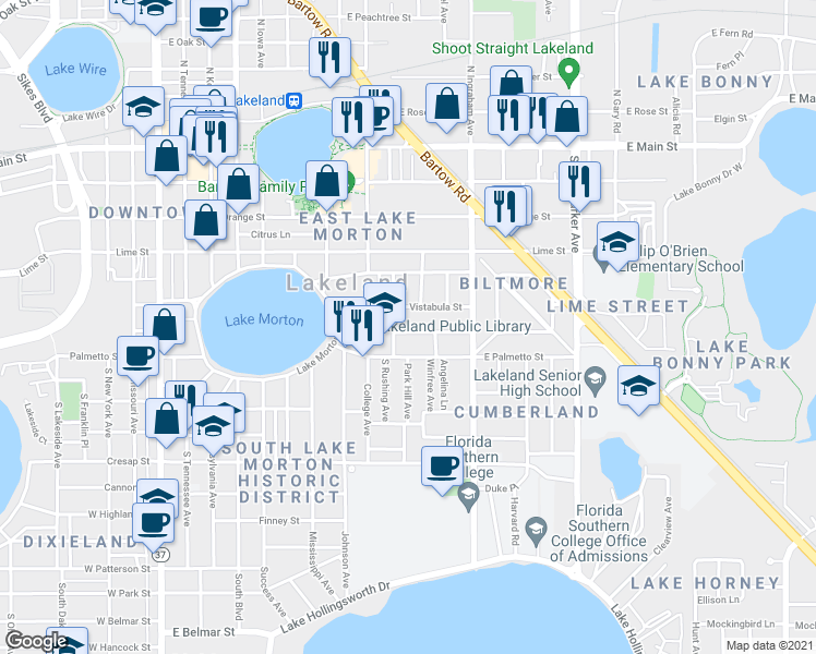 map of restaurants, bars, coffee shops, grocery stores, and more near 616 Michigan Avenue in Lakeland