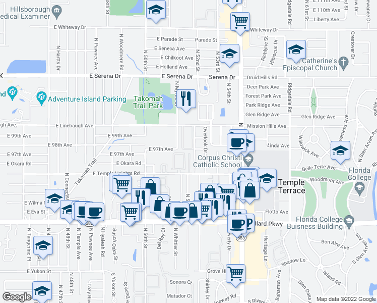 map of restaurants, bars, coffee shops, grocery stores, and more near 5116 Temple Heights Road in Tampa