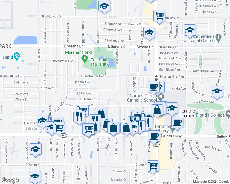 map of restaurants, bars, coffee shops, grocery stores, and more near 5156 Tennis Court Circle in Tampa