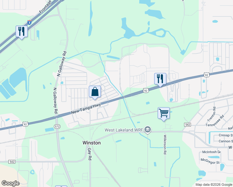map of restaurants, bars, coffee shops, grocery stores, and more near 32 Hill Street in Lakeland