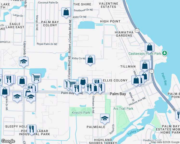map of restaurants, bars, coffee shops, grocery stores, and more near 2596 4th Avenue Northeast in Palm Bay