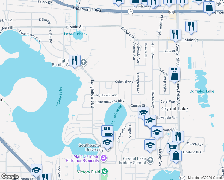 map of restaurants, bars, coffee shops, grocery stores, and more near 533 Norfolk Circle in Lakeland