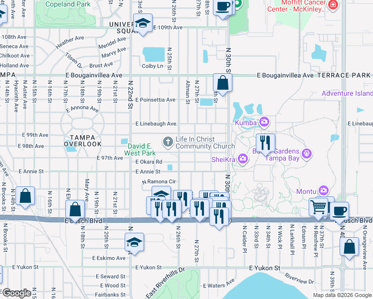map of restaurants, bars, coffee shops, grocery stores, and more near 2608 East 97th Avenue in Tampa