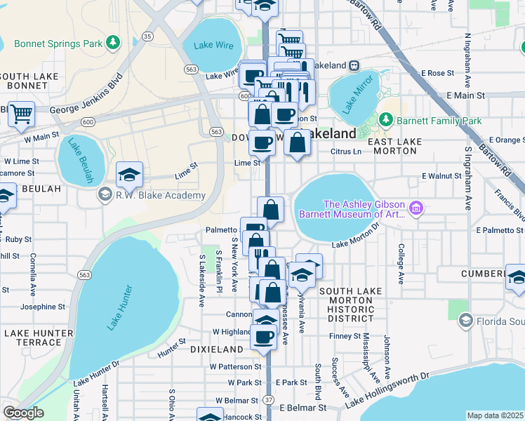 map of restaurants, bars, coffee shops, grocery stores, and more near 500 Florida Avenue South in Lakeland