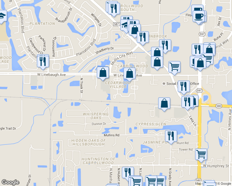 map of restaurants, bars, coffee shops, grocery stores, and more near 4401 Rockcrest Circle in Tampa