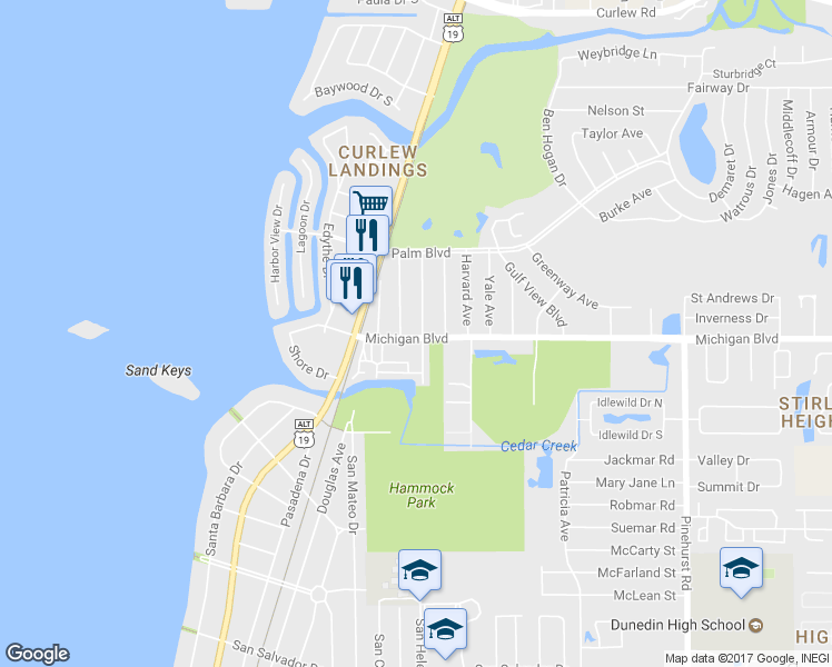 map of restaurants, bars, coffee shops, grocery stores, and more near 628 Michigan Boulevard in Dunedin