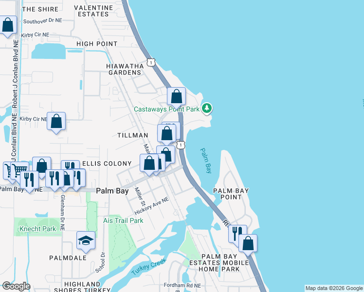 map of restaurants, bars, coffee shops, grocery stores, and more near Dixie Highway Northeast in Palm Bay
