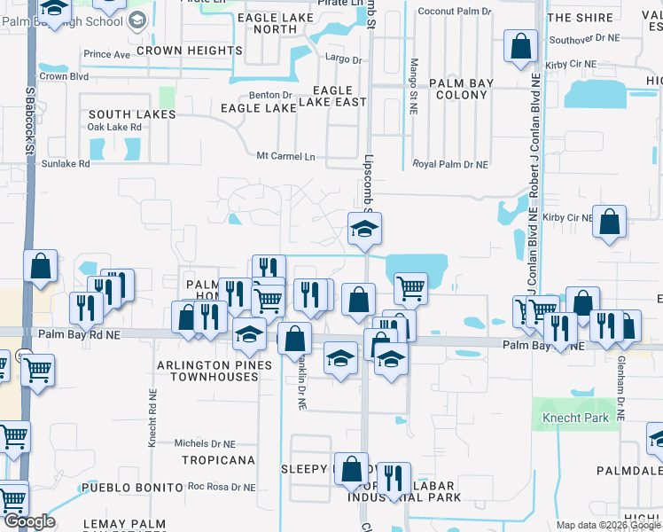 map of restaurants, bars, coffee shops, grocery stores, and more near 1700 Woodlake Drive Northeast in Palm Bay
