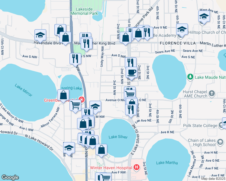 map of restaurants, bars, coffee shops, grocery stores, and more near 1605 3rd Street Northwest in Winter Haven