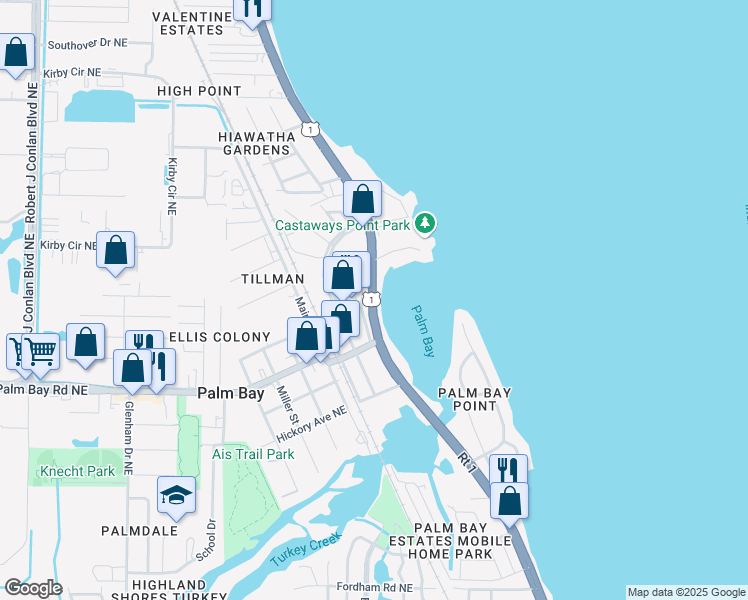 map of restaurants, bars, coffee shops, grocery stores, and more near 4039 Dixie Highway Northeast in Palm Bay