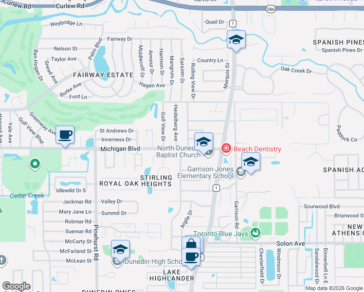 map of restaurants, bars, coffee shops, grocery stores, and more near 1454 Michigan Boulevard in Dunedin