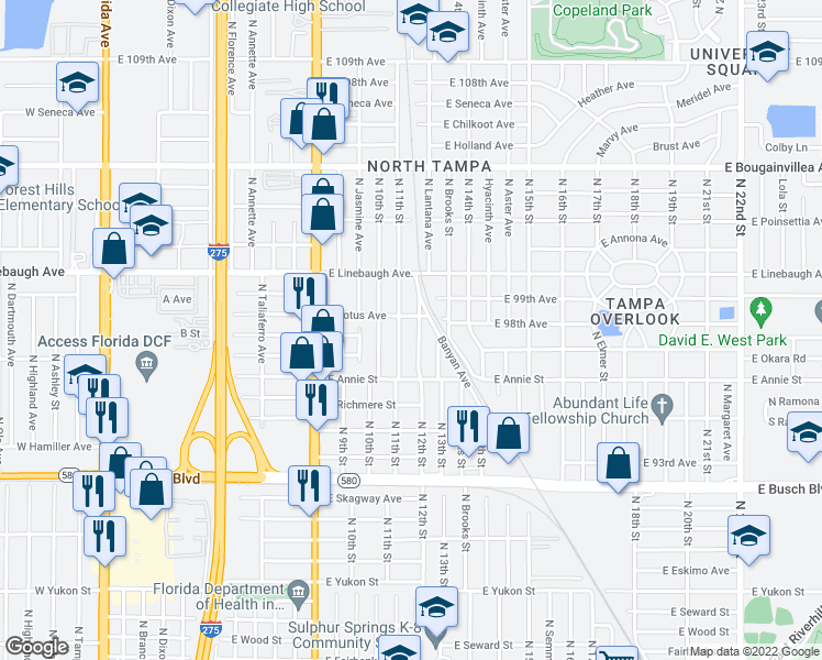 map of restaurants, bars, coffee shops, grocery stores, and more near 9622 North 12th Street in Tampa