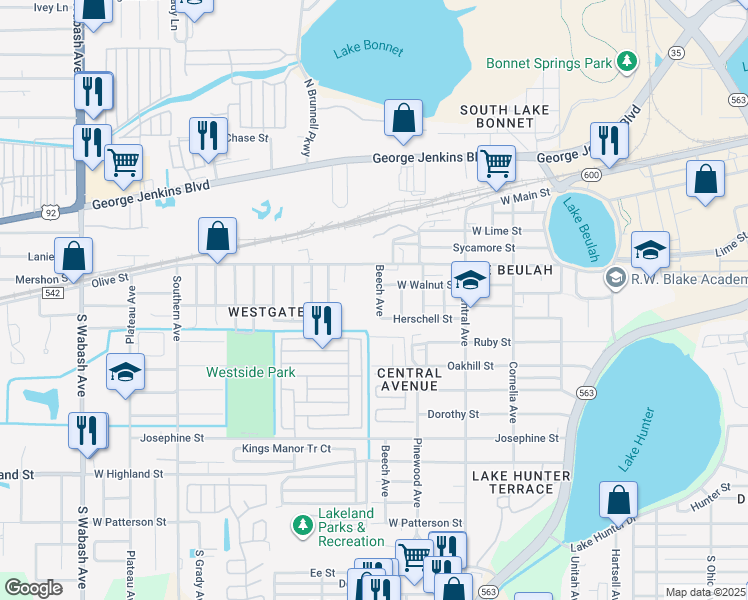 map of restaurants, bars, coffee shops, grocery stores, and more near 513 Beech Avenue in Lakeland