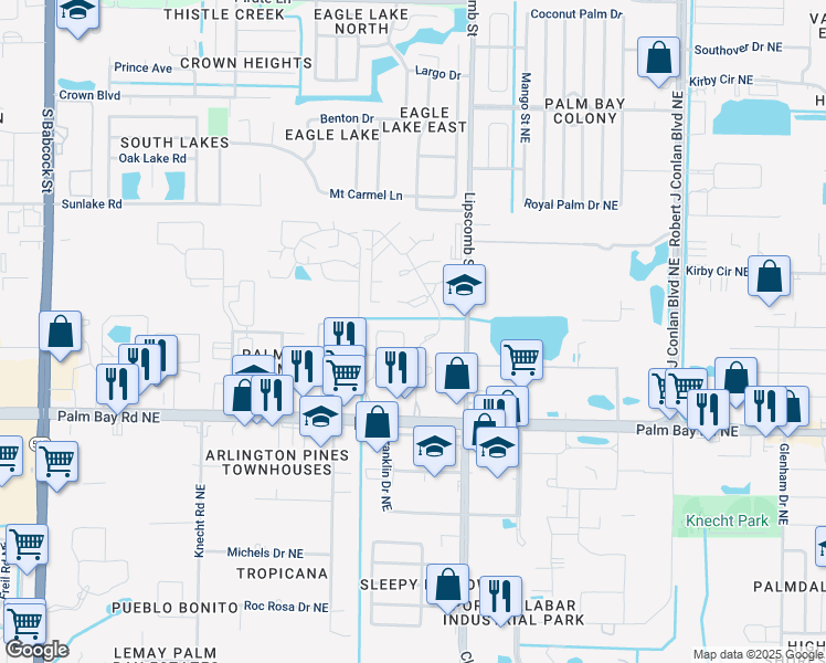 map of restaurants, bars, coffee shops, grocery stores, and more near 3113 Vista Oaks Circle Northeast in Palm Bay