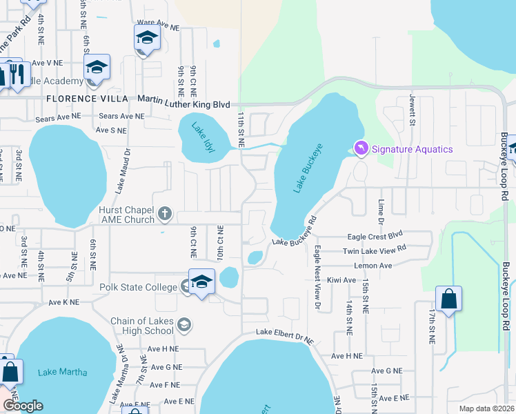 map of restaurants, bars, coffee shops, grocery stores, and more near 1530 11th Street Northeast in Winter Haven