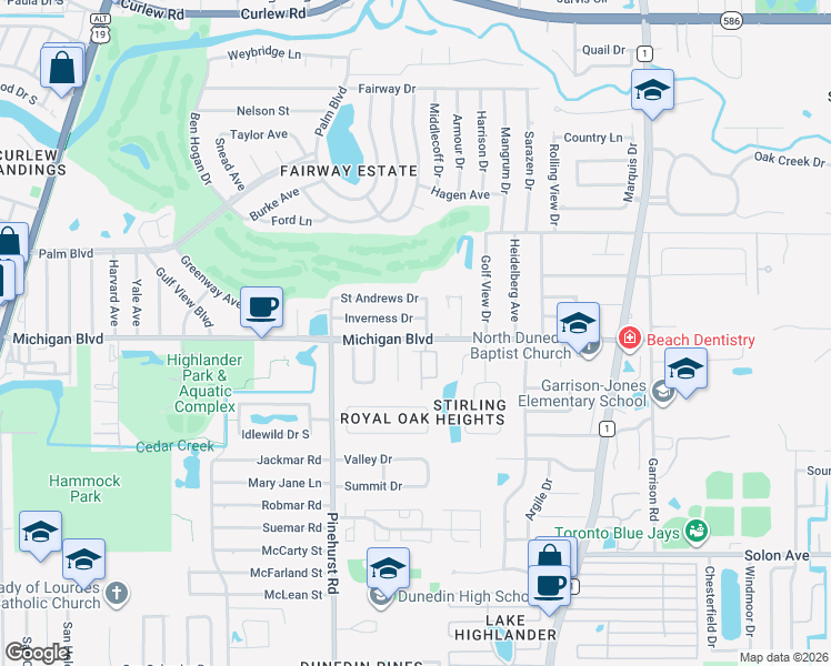 map of restaurants, bars, coffee shops, grocery stores, and more near 1290 Michigan Boulevard in Dunedin