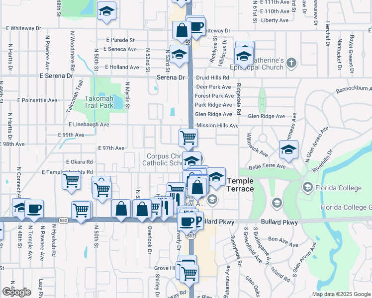map of restaurants, bars, coffee shops, grocery stores, and more near 9750 North 56th Street in Tampa