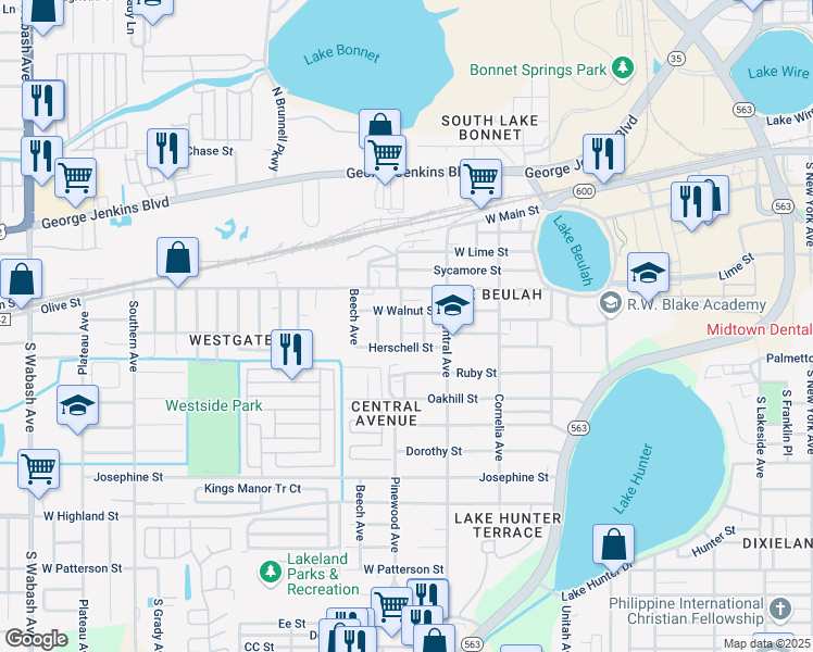 map of restaurants, bars, coffee shops, grocery stores, and more near 514 Pinewood Avenue in Lakeland