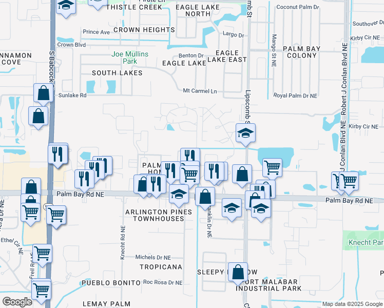 map of restaurants, bars, coffee shops, grocery stores, and more near 1640 Bottlebrush Drive in Palm Bay