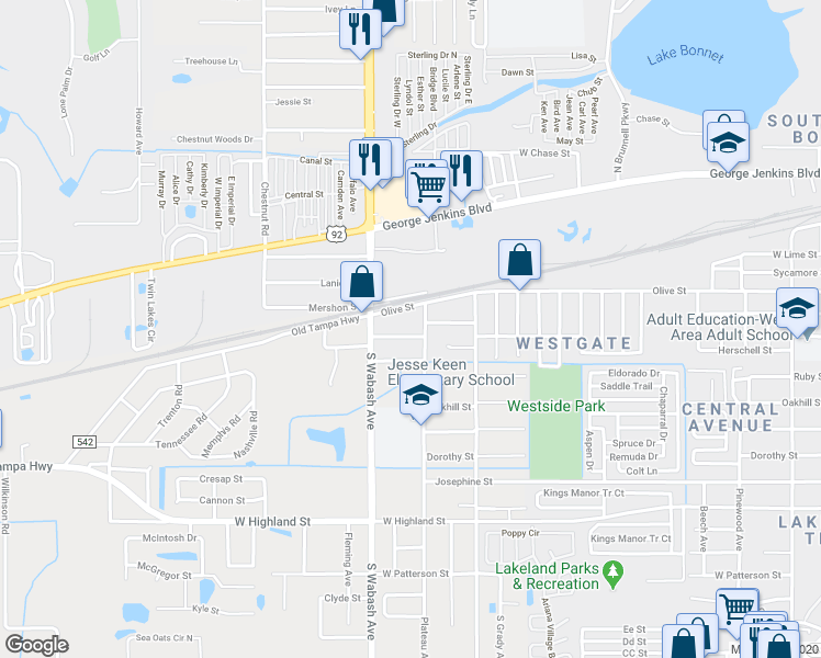 map of restaurants, bars, coffee shops, grocery stores, and more near 2011 West Hickory Street in Lakeland