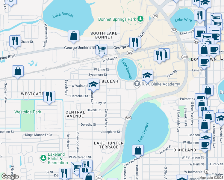map of restaurants, bars, coffee shops, grocery stores, and more near 1038 West Walnut Street in Lakeland