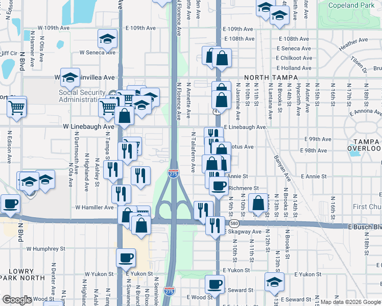 map of restaurants, bars, coffee shops, grocery stores, and more near 712 East Castle North Court in Tampa