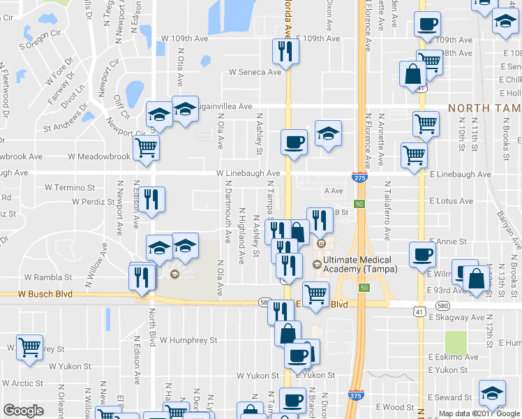 map of restaurants, bars, coffee shops, grocery stores, and more near 9511 North Ashley Street in Tampa