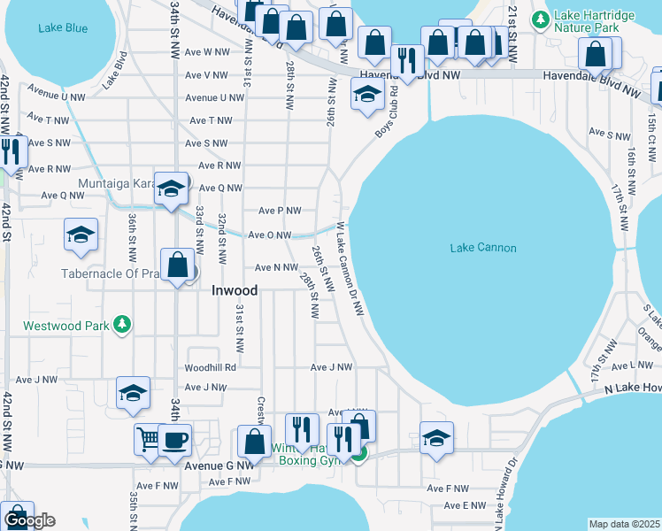 map of restaurants, bars, coffee shops, grocery stores, and more near 2551 Avenue North Northwest in Winter Haven