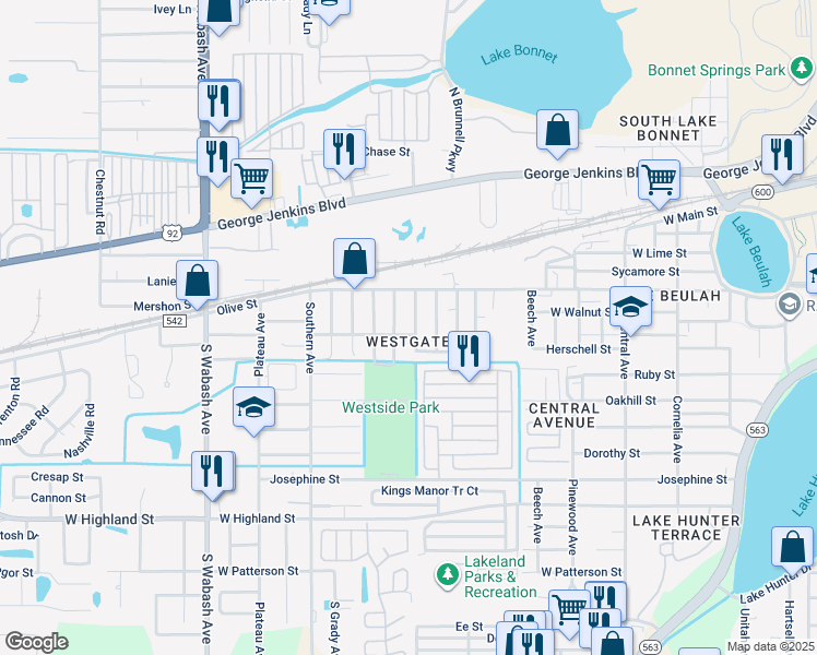 map of restaurants, bars, coffee shops, grocery stores, and more near 513 South Westgate Avenue in Lakeland