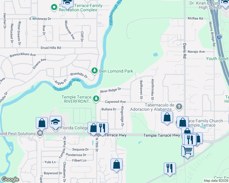 map of restaurants, bars, coffee shops, grocery stores, and more near 7901 River Ridge Drive in Tampa