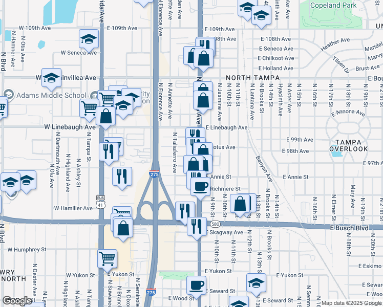 map of restaurants, bars, coffee shops, grocery stores, and more near 814 East Castle North Court in Tampa