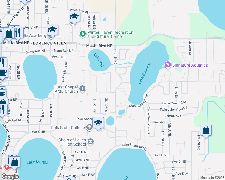 map of restaurants, bars, coffee shops, grocery stores, and more near 2-98 Parkwood Road in Winter Haven