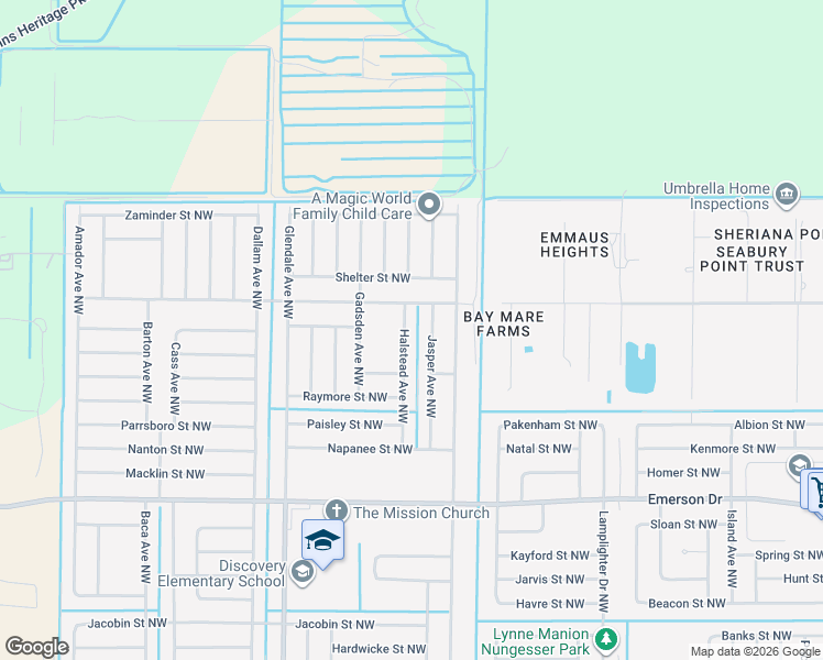 map of restaurants, bars, coffee shops, grocery stores, and more near 1571 Halstead Avenue Northwest in Palm Bay