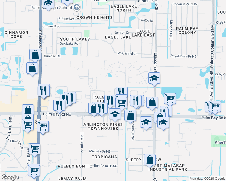 map of restaurants, bars, coffee shops, grocery stores, and more near 2515 Manor Drive Northeast in Palm Bay