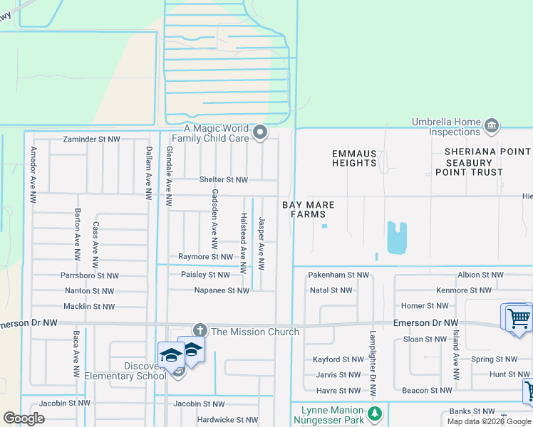 map of restaurants, bars, coffee shops, grocery stores, and more near 1574 Glencove Avenue Northwest in Palm Bay