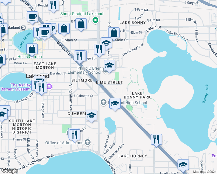 map of restaurants, bars, coffee shops, grocery stores, and more near 607 Temple Terrace in Lakeland