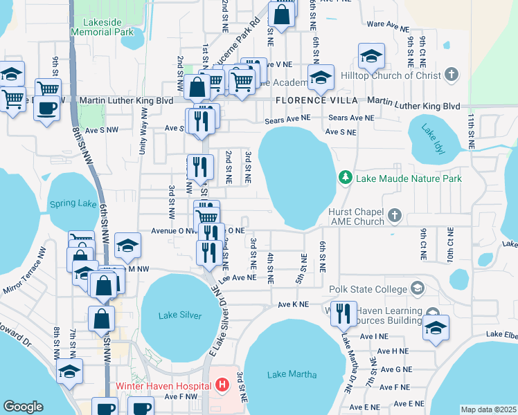 map of restaurants, bars, coffee shops, grocery stores, and more near 353 Avenue P Northeast in Winter Haven